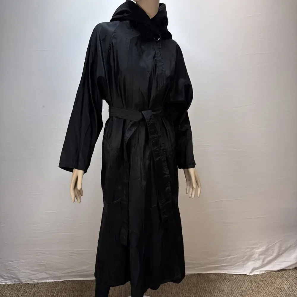 MYCRA PAC Long‎ Donatella Raincoat Size M/L Black Reversible Velvet Vines Hooded